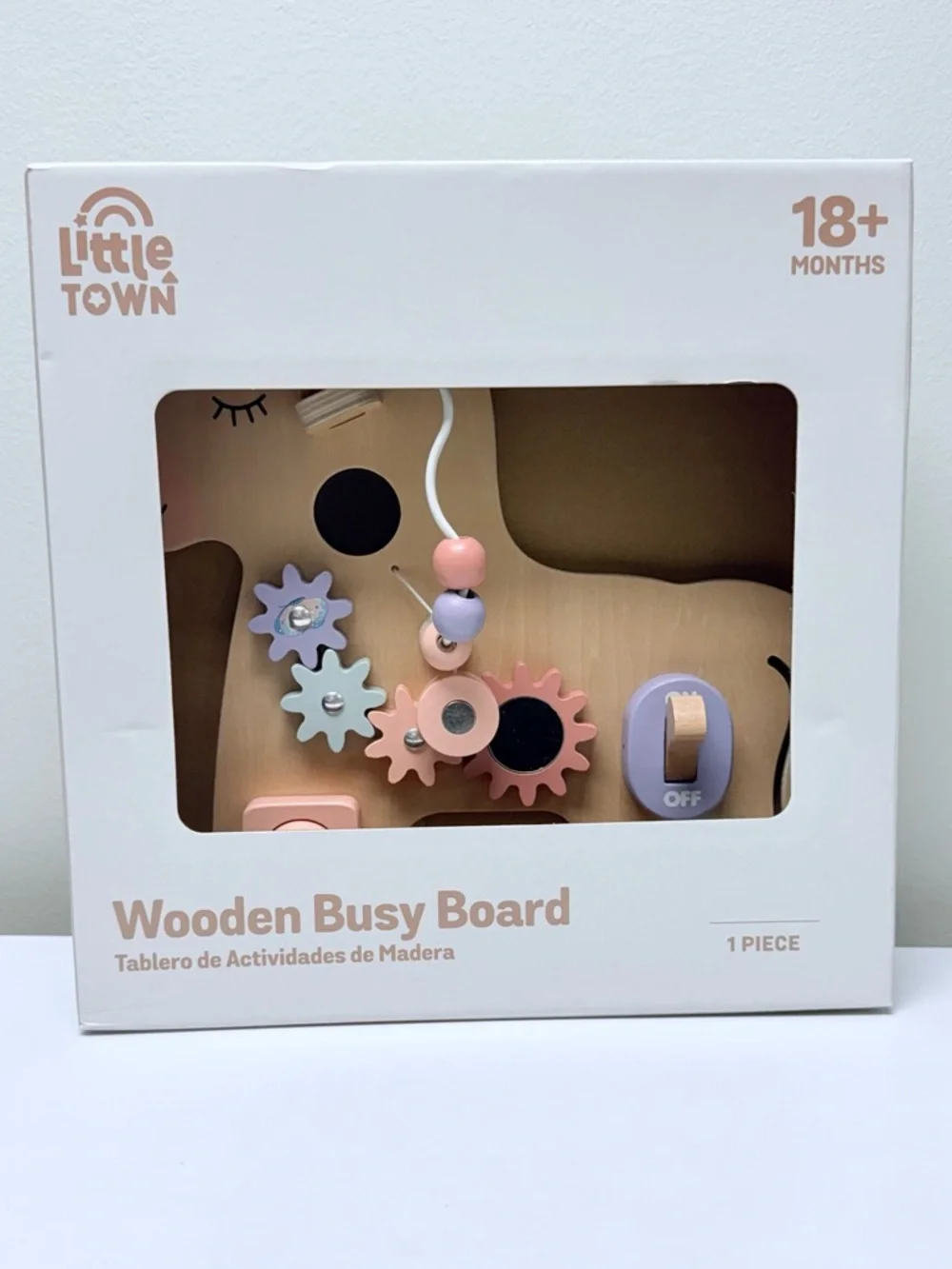 Wooden Unicorn Busy Board Sensory Toy - Tan & Pastel from Aldi Little Town